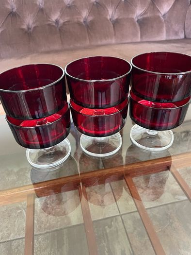 6 Vintage MCM Luminarc Cavalier Ruby Red with Smoked Glass Bowl Dessert Glasses Sherbet Cups French 1960 70s