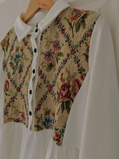Floral long sleeve blouse for women, elegant bottoned neck, casual wear, white,
