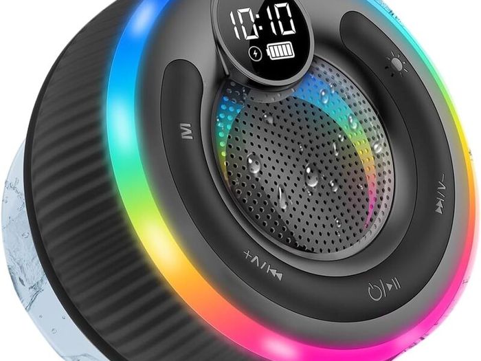 Bluetooth Shower Speaker, 2025 Portable Bluetooth Speaker 5.3 with Time Display, IPX7 Waterproof with Suction Cup, RGB Lights, Stereo Bass, Wireless for Bathroom/Party/Travel/Outdoor, Black