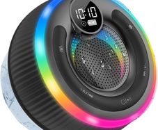Bluetooth Shower Speaker, 2025 Portable Bluetooth Speaker 5.3 with Time Display, IPX7 Waterproof with Suction Cup, RGB Lights, Stereo Bass, Wireless for Bathroom/Party/Travel/Outdoor, Black