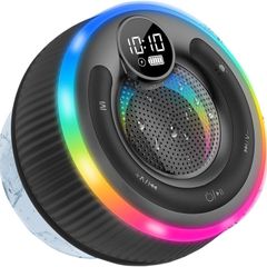 Bluetooth Shower Speaker, 2025 Portable Bluetooth Speaker 5.3 with Time Display, IPX7 Waterproof with Suction Cup, RGB Lights, Stereo Bass, Wireless for Bathroom/Party/Travel/Outdoor, Black