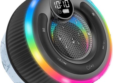 Bluetooth Shower Speaker, 2025 Portable Bluetooth Speaker 5.3 with Time Display, IPX7 Waterproof with Suction Cup, RGB Lights, Stereo Bass, Wireless for Bathroom/Party/Travel/Outdoor, Black