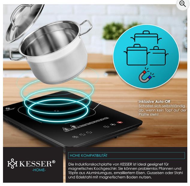 KESSER induction Hob Induction Hob 1 Plate 2100W Portable 28cm + 3x Microfibre Cloth + 1x Recipe Book