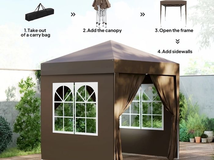 2 x 2 m Garden Pop Up Gazebo, Wedding Party Tent Marquee, Water Resistant Awning Canopy with Sidewalls. Windows, Carry Bag, Coffee