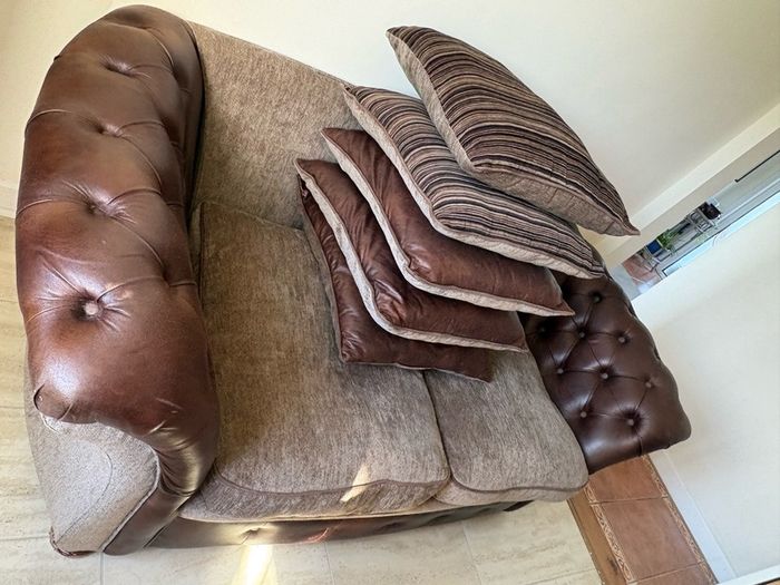 Chesterfield type leather/fabric brown beige sofa