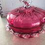 Antique Art Glass Cranberry Red Ruffled Lidded Candy Dish Image 2