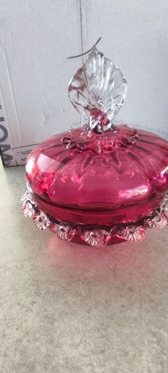 Antique Art Glass Cranberry Red Ruffled Lidded Candy Dish