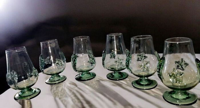 6 Unique handblown green glass set