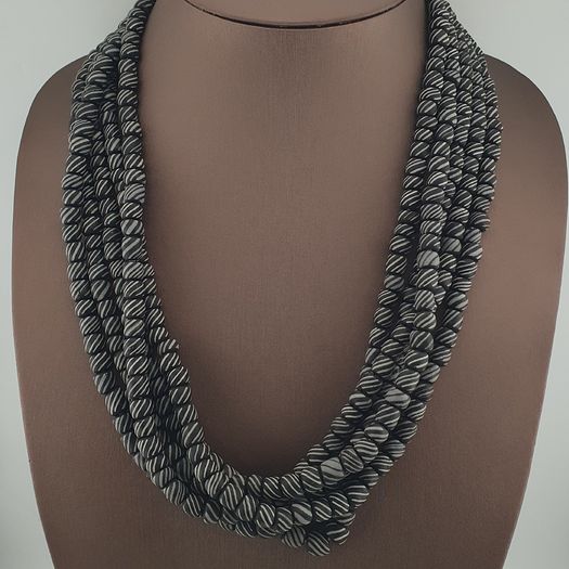 Vintage African Style White Stripe Black 8.2mm - 8.5mm Glass Beads Necklace Strand