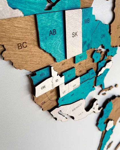3D Classic Wooden World Map with Country Borders Country Names Capital Names US and Canada Borders and Names 3D Map Effect