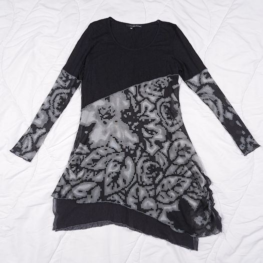 Mado Et Les Autres Vintage Black Grey Abstract Pattern Sheer Mesh Asymmetric Mini Dress 12UK/40EU