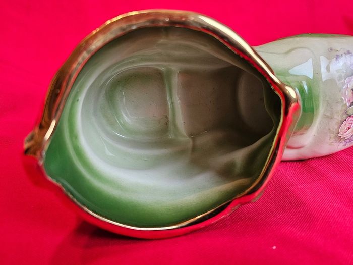 Staffordshire Style Porcelain Boot Vase - Green with Roses ,  Decor or Cactus Planter