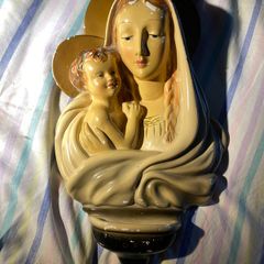 Vintage Italian Style Plaster Madonna & Child Holy Water Font (Sancta Maria