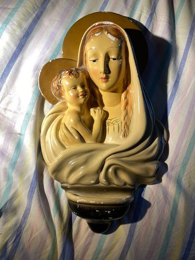 Vintage Italian Style Plaster Madonna & Child Holy Water Font (Sancta Maria