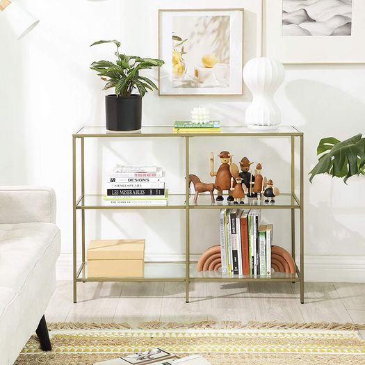 Console table, hall table, 3 levels, side table, shelves made of tempered glass, 100 x 30 x 73 cm, metal frame, modern, for hall, living room, bedroom, gold-colored