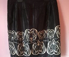 New Black Satin with Swirl Print, Size14 skirt pleated at the front