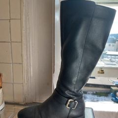 ALDO Black Waterproof Leather Knee-High Riding Boots with Ankle Buckle