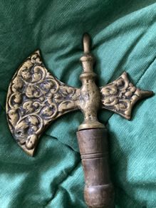 Heavy ornate brass ? headed hatchet with wooden handle