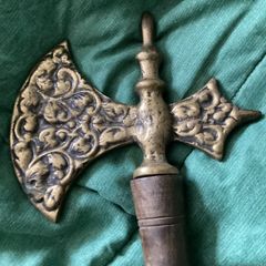 Heavy ornate brass ? headed hatchet with wooden handle