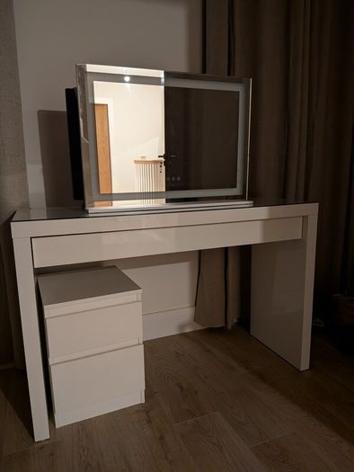 Vanity Table with topped glass, LED Vanity Mirror & locker