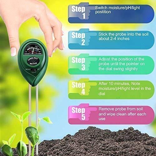 Soil PH Testing Kit 3 in 1 Plant Soil Tester Kit With PH, Light & Moisture acidity Tester,Great For Bonsai Tree, Garden Care, Farm, Lawn, Indoor & Outdoor (No Battery needed)