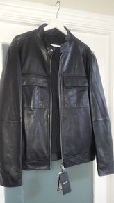 Massimo Dutti mens black grandfather collar leather jacket Sz XL - BNWT Rrp 300