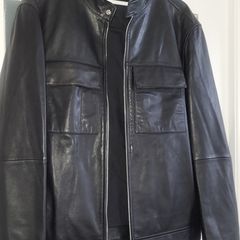 Massimo Dutti mens black grandfather collar leather jacket Sz XL - BNWT Rrp 300