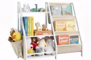 3-Tier Kids Bookshelf, Toy Storage Organizer for Toddler, Book Shelf for Kids Rooms with Sling Book Rack and Storage Bag, Kids Storage Book Shelves for Kids Room, Playroom, Kindergarten, Nursery