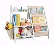 3-Tier Kids Bookshelf, Toy Storage Organizer for Toddler, Book Shelf for Kids Rooms with Sling Book Rack and Storage Bag, Kids Storage Book Shelves for Kids Room, Playroom, Kindergarten, Nursery