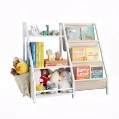 3-Tier Kids Bookshelf, Toy Storage Organizer for Toddler, Book Shelf for Kids Rooms with Sling Book Rack and Storage Bag, Kids Storage Book Shelves for Kids Room, Playroom, Kindergarten, Nursery
