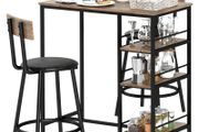 3-piece dining set with bar table and 2 chairs, small kitchen set with side shelves, MDF, metal, black