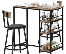3-piece dining set with bar table and 2 chairs, small kitchen set with side shelves, MDF, metal, black
