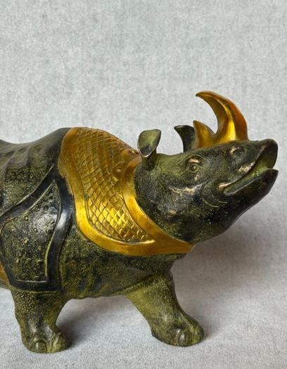 Vintage Chinese Rhinoceros (42cm/7kg) - Bronze With Gilt Accents, Stamped