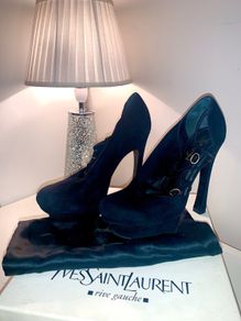 Black Suede Yves Saint Laurent Palais Bootie Platform Heel. Size 38