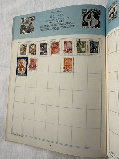 Stamp collection in book, 1930's onwards from all over the world. Approx 60 stamps