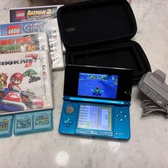 Nintendo 3DS Aqua Blue Bundle | 8 Games | Mario Kart 7 | Case & Charger