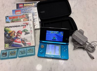 Nintendo 3DS Aqua Blue Bundle | 8 Games | Mario Kart 7 | Case & Charger