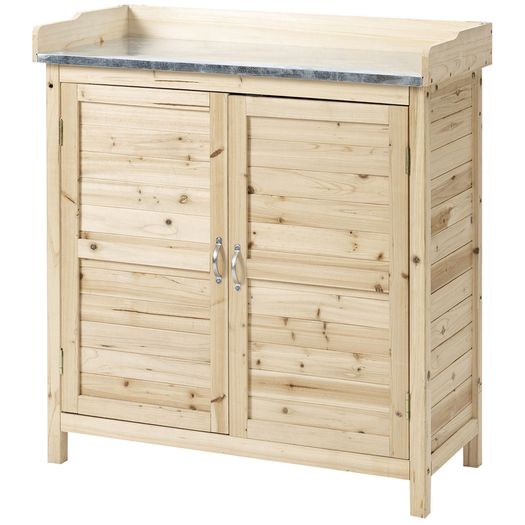 Garden Cabinet with 2 Compartments, Metal Work Surface with Edging, Natural Wood, 83 x 40 x 92 cm