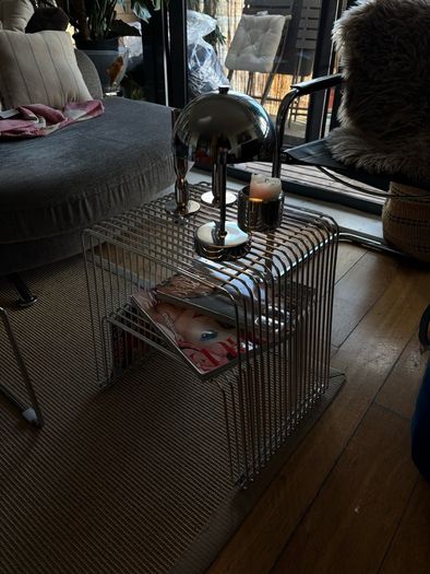 Vintage Chrome Wire Magazine Rack Side Table - 1970s Space Age