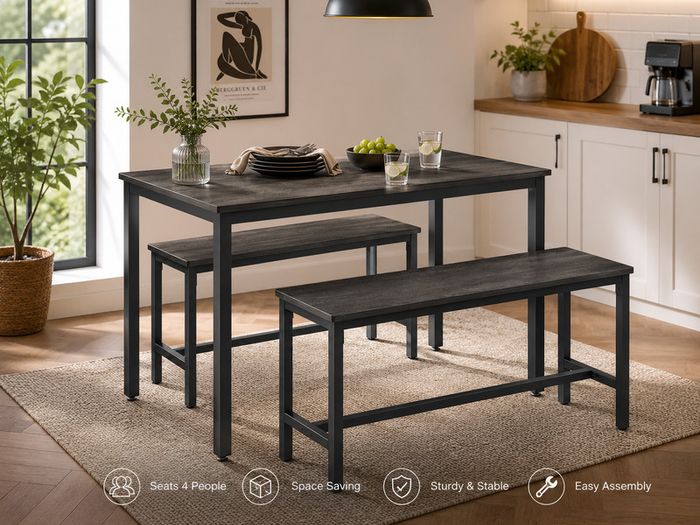 Industrial Dining Table Set with 2 Benches Kitchen Dining Set Rustic Breakfast Table for 4