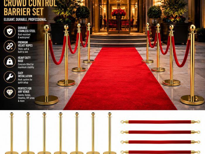 Gold & Silver Crowd Control Barrier Set with Red Velvet Ropes