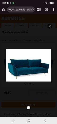 Teal velvet 3 seater sofa
