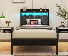 3ft Single Bed Frame with LED Lights Storage Upholstered Headboard and Charging Station
