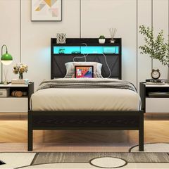 3ft Single Bed Frame with LED Lights Storage Upholstered Headboard and Charging Station