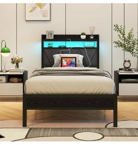 3ft Single Bed Frame with LED Lights Storage Upholstered Headboard and Charging Station