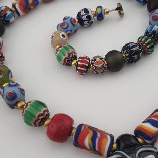 Vintage Venetian Style Mix Glass Beads & Old Face Pendant Necklace