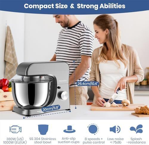 Electric Kitchen Stand Mixer: 1000W 8-Speed Compact Tilt-Head Household Food Mixer - 4.5L 304 Stainless Steel Bowl with Cover & Egg Whisk & Dishwasher Safe Dough Hook & Flat Beater
