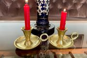 Pair Round Brass Candlestick Holders Considered by Helen James Collection