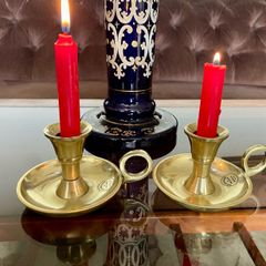 Pair Round Brass Candlestick Holders Considered by Helen James Collection