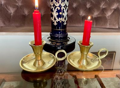 Pair Round Brass Candlestick Holders Considered by Helen James Collection
